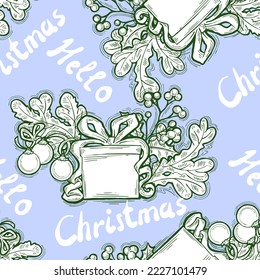 Patrón vectorial de Navidad y Año Nuevo sin fisuras para papel envolvente, impresión de tela, diseño textil, elementos decorativos. Árbol de pinos con decoración de Navidad. Ilustración dibujada a mano. Dibujo al estilo de la caricatura.