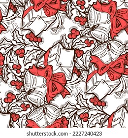 Christmas and New Year seamless vector pattern for wrapping paper, fabric print, textile design, decorative elements. Pine tree with xmas decoration. Hand drawn illustration. Cartoon style drawing.