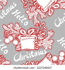 Christmas and New Year seamless vector pattern for wrapping paper, fabric print, textile design, decorative elements. Pine tree with xmas decoration. Hand drawn illustration. Cartoon style drawing.