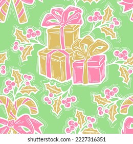 Christmas and New Year seamless vector pattern for wrapping paper, fabric print, textile design, decorative elements. Pine tree with xmas decoration. Hand drawn illustration. Cartoon style drawing.