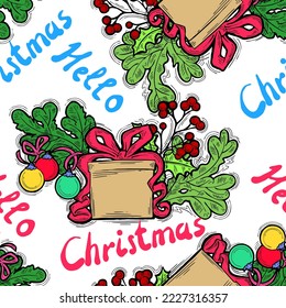 Weihnachten und Neujahr nahtlose Vektorgrafik-Muster für Verpackungspapier, Stoffdruck, Textildesign, dekorative Elemente. Kiefern mit Weihnachtsdekoration. Handgezeichnete Illustration. Zeichnen im Cartoon-Stil.