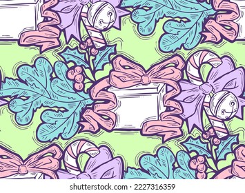 Patrón vectorial de Navidad y Año Nuevo sin fisuras para papel envolvente, impresión de tela, diseño textil, elementos decorativos. Árbol de pinos con decoración de Navidad. Ilustración dibujada a mano. Dibujo al estilo de la caricatura.