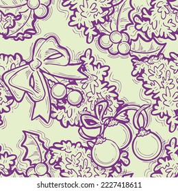 Christmas and New Year seamless vector pattern for wrapping paper, fabric print, textile design, decorative elements. Pine tree with xmas decoration. Hand drawn illustration. Cartoon style drawing.