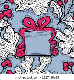 Weihnachten und Neujahr nahtlose Vektorgrafik-Muster für Verpackungspapier, Stoffdruck, Textildesign, dekorative Elemente. Kiefern mit Weihnachtsdekoration. Handgezeichnete Illustration. Zeichnen im Cartoon-Stil.