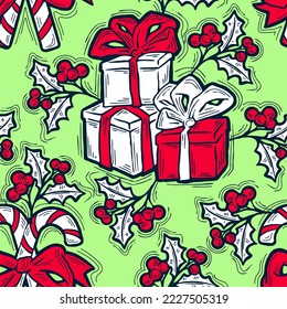 Patrón vectorial de Navidad y Año Nuevo sin fisuras para papel envolvente, impresión de tela, diseño textil, elementos decorativos. Árbol de pinos con decoración de Navidad. Ilustración dibujada a mano. Dibujo al estilo de la caricatura.