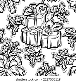 Patrón vectorial de Navidad y Año Nuevo sin fisuras para papel envolvente, impresión de tela, diseño textil, elementos decorativos. Árbol de pinos con decoración de Navidad. Ilustración dibujada a mano. Dibujo al estilo de la caricatura.