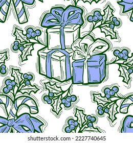 Christmas and New Year seamless vector pattern for wrapping paper, fabric print, textile design, decorative elements. Pine tree with xmas decoration. Hand drawn illustration. Cartoon style drawing.