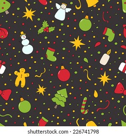 Christmas or New Year seamless vector pattern. Traditional elements: gift, sock, bell, angel, star, spruce, candle, holly, etc. Ideal for wrapping paper for gift, textile, wallpaper, background.