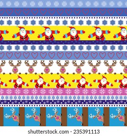 Christmas and New Year seamless vector pattern with cute Santa Claus, reindeer and multicolor horizontal strips