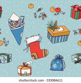 Christmas and New Year. Seamless vector pattern. Gifts and sweets. Vector hand-drawn sketch.