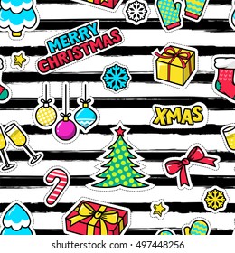 Christmas and New Year seamless vector striped pattern. Holiday icons, patches, stickers. Christmas celebration elements in 80s, 90s style. Design for fashion print, wrapping, backgrounds.