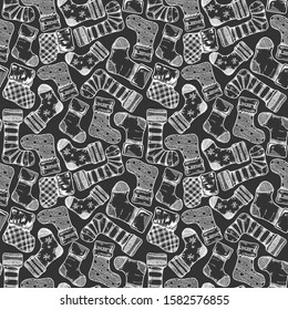 Christmas and New Year seamless vintage pattern with socks. illustration in ink hand drawn style. 