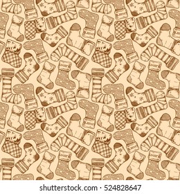 Christmas and New Year seamless vintage pattern with socks. illustration in ink hand drawn style. 