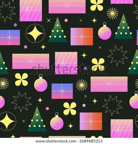 Christmas new year seampless pattern with gradients. Christmas gift. Geometrical brutalism style