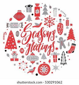 Christmas and New Year season design for greeting card, banner, emblem - hand drawn decorative elements and calligraphic phrase. Vector illustration in circle. Spruce, gift boxes, toys, snowflakes.