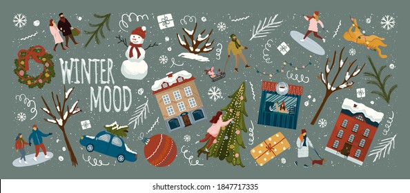 Christmas and new year season greeting card and background template. Winter holiday vector illustration. 2021 new year hand drawn poster. Christmas tree and toys, people, city buildings, snowman