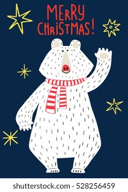 Christmas and New Year season greeting card or poster design with hand drawn bear mascot and handwritten lettering. Colorful unique vector illustration. Holiday banner, flyer, tag.