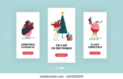 Christmas, New Year Season Mobile App Page Onboard Screen Set. Fat Santa Claus Decorating Christmas Tree. Sack with Gifts and Present Concept for Website or Web Page, Cartoon Flat Vector Illustration