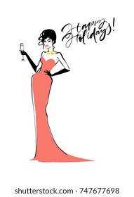 Christmas and New year season vector illustration. In modern trendy style. With hand drawn brunette woman in red evening dress and champagne and Happy Holidays text. Isolated on white background.