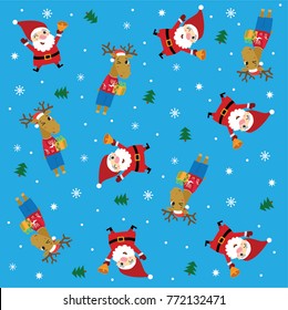 Christmas and New Year seasonal sketch vector pattern with Santa Claus, deer, Christmas tree and snowflake