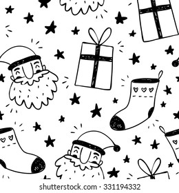 Christmas and New Year seasonal sketchy vector seamless pattern with Santa Claus, socks, gifts and stars doodles in black and white