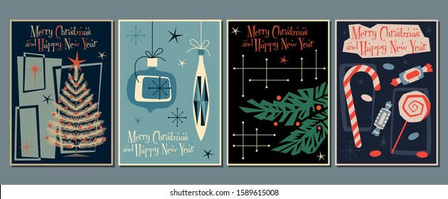 Christmas and New Year Season's Celebration Cards, Christmas Tree, Decorations, Sweets, Vintage Design Style, Old Colors