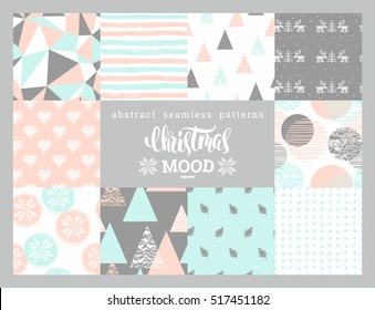 Christmas and New Year Set. Abstract geometric  and ornamental seamless patterns. Trendy Hand Drawn textures. Vector Design Templates Collection for Banner, Paper.