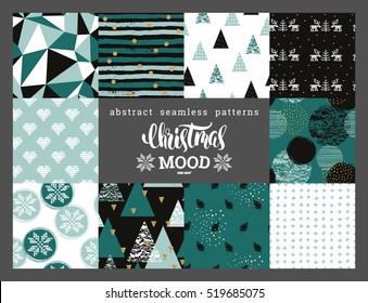 Christmas and New Year Set. Abstract geometric and ornamental seamless patterns. Trendy Hand Drawn textures. Vector Design Templates Collection for Banner, Paper.