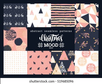 Christmas and New Year Set. Abstract geometric and ornamental seamless patterns. Trendy Hand Drawn textures. Vector Design Templates Collection for Banner, Paper.