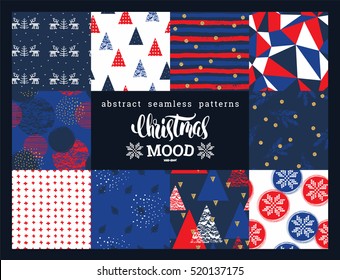 Navidades y Nuevo Año Set. Abstractas patrones geométricos y ornamentales sin fisuras. Texturas Trendy Hand Drawn. Colección de Plantillas de diseño de Vector para Anuncio, papel.