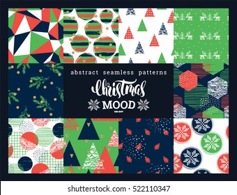 Christmas and New Year Set. Abstract geometric and ornamental seamless patterns. Trendy Hand Drawn textures. Vector Design Templates Collection for Banner, Paper
