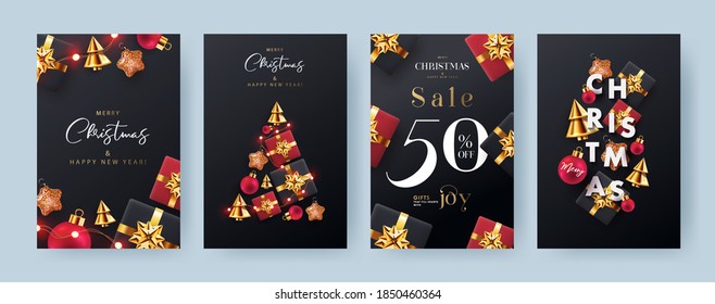 Christmas and New Year Set of backgrounds, greeting cards, sale posters, holiday covers, web banners. Xmas modern 3d design in golden, black and red colors with realistic gifts, balls, garlands lights