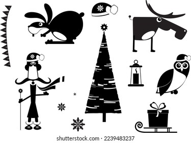 Christmas and New Year set.
Christmas and New Year set. Black on white background
