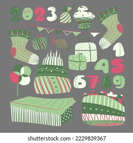 Christmas and new year set with cakes, cupcakes, socks, candies, gifts and numbers