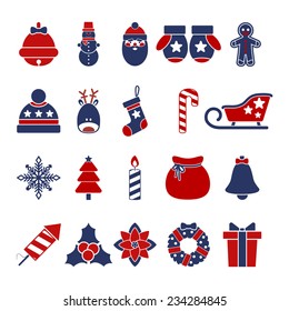 Christmas and new year set - characters and other elements. Vector illustration in flat style. Simple flat icions with blue, red and white colors
