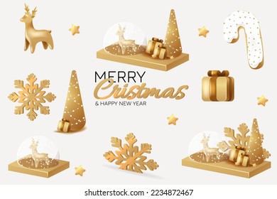 Christmas and New Year set. Colorful Xmas realistic 3d decorative design objects. Candy cane from cookies, golden gifts box. Christmas tree, glass snow globe