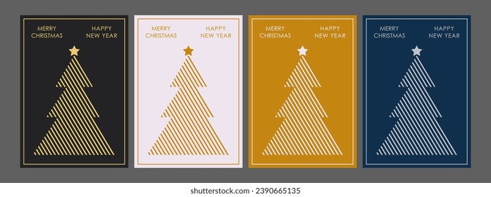 Christmas and New Year. A set of colorful postcards with a Christmas tree. Creative template for greetings, invitations, flyers and creative ideas in a minimalist style