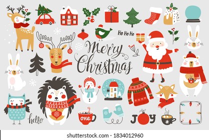 Christmas and New Year set with cute animals. Vector illustration