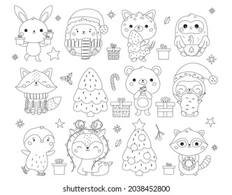 Christmas and New Year set with cute animals, gifts and sweets. Coloring page for children. Kawaii cartoon characters. Happy New Year. Black and white outline vector illustration.