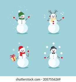 Christmas and New year  set with cute snowmen in different poses and emotions, in a Santa Claus hat, in a scarf, hat, listening to music with headphones, juggling with snowballs. Vector illustration