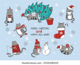 Christmas and New Year set with cute cartoon cats. Vector holiday collection with Christmas tree, stocking and Santa hat