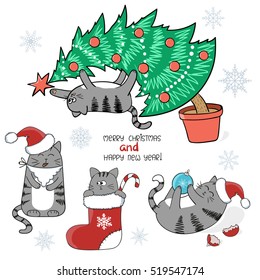 Christmas and New Year set. Cute cartoon cats with Santa hat, in Christmas stocking, on Xmas tree. Vector illustration. 