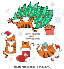 Christmas and New Year set. Cute cartoon cats with Santa hat, in Christmas stocking, on Xmas tree. Vector pets illustration