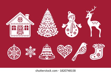 Christmas or New Year set of decorations. Laser cutting templates. Vector winter holiday illustrations. Christmas hut, tree, snowman, deer, ball, snowflake, bell, heart, bird and sock.