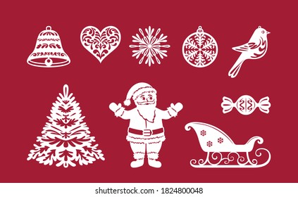 Decoración de Navidad o Año Nuevo. Plantillas de corte láser. Ilustraciones vectoriales de vacaciones de invierno. Árbol de Navidad, bola, copo de nieve, campana, corazón, pájaro, caramelos, santa claus y trineo.