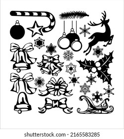 Christmas or New Year set of decorations. Laser cutting templates. Vector winter holiday illustrations. Christmas tree, ball, snowflake, bell, heart, bird, candy, santa claus and sleigh.