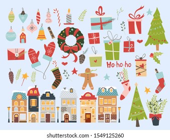 Christmas and New Year set with decorative elements (tree, presents, mistletoe, socks, gift boxes). Vector winter collection and illustration for web, cards, stickers with building in a snow