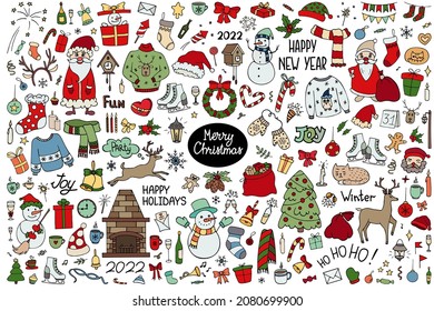 Christmas and New Year  set. Design elements in doodle style  for prints and postcards. Santa Claus, reindeer, snowman, snowflakes and gifts.