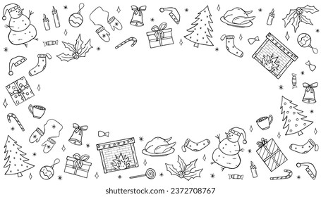Christmas and New Year set of doodle icons. Vector illustration of cartoon hand draw elements of the symbol of Christmas.