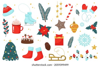 Christmas and New Year set of elements. Winter clothes, hat, mittens, socks, figure skates, cookies, poinsettia, lollipop, garland. Festive vector illustration for scrapbooking, postcards, banners
